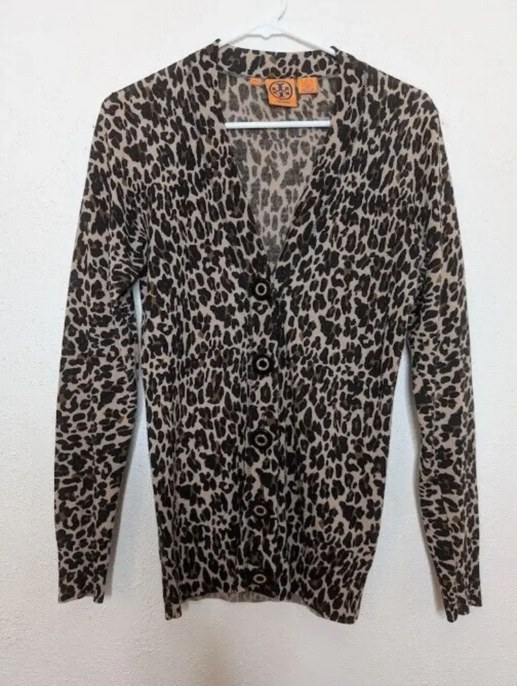 Tory Burch 100% Wool V Neck Logo Buttoned Cheetah Cardigan Black‎ Size Small